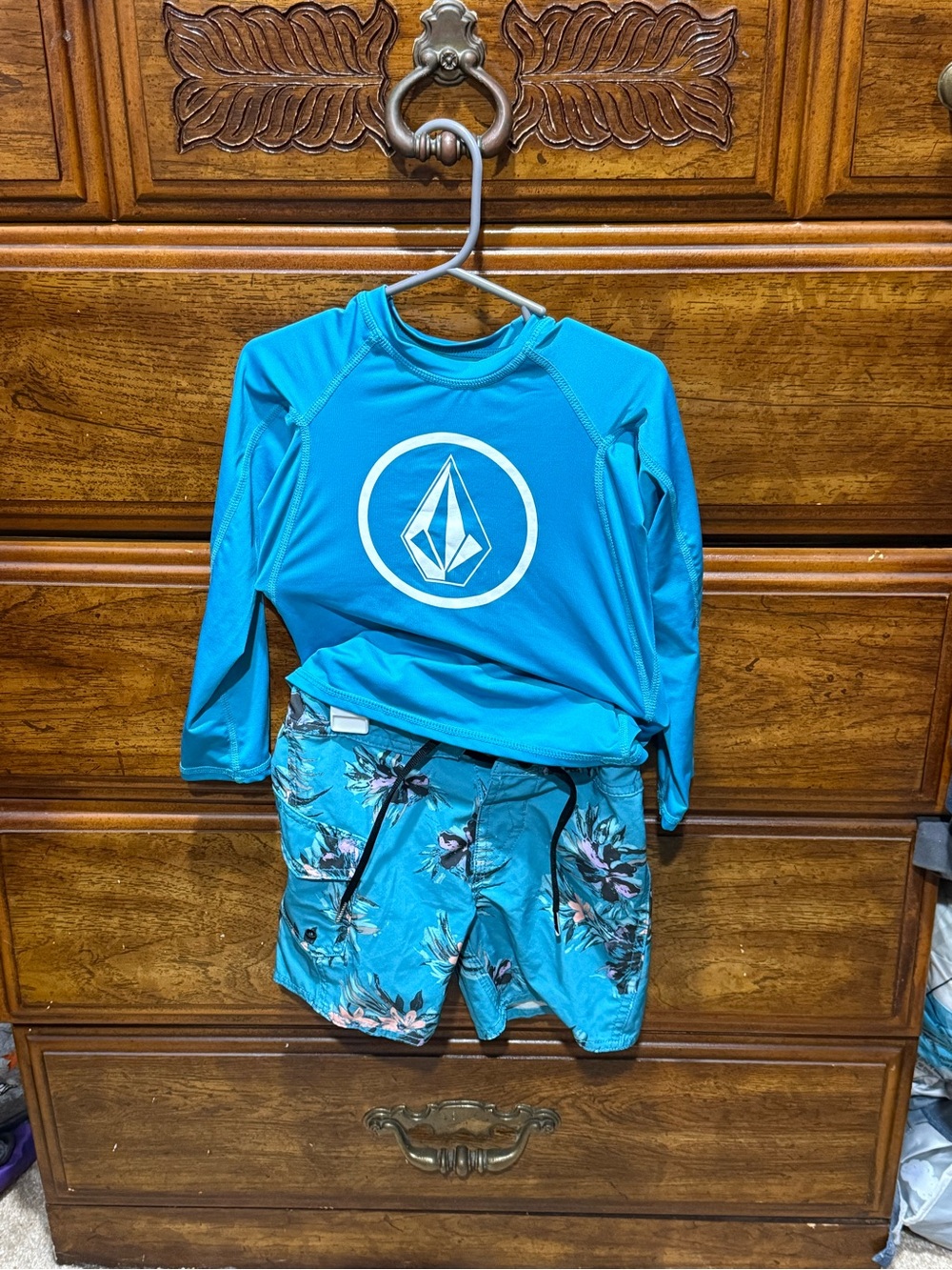 Volcom Kids Teal Long-Sleeve Rash Guard with Floral Swim Shorts